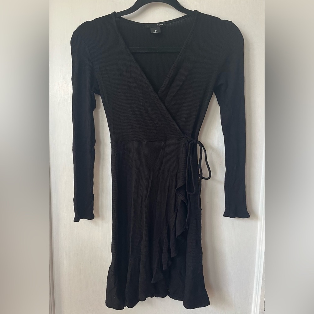 Aqua Black Long Sleeve Wrap Dress
